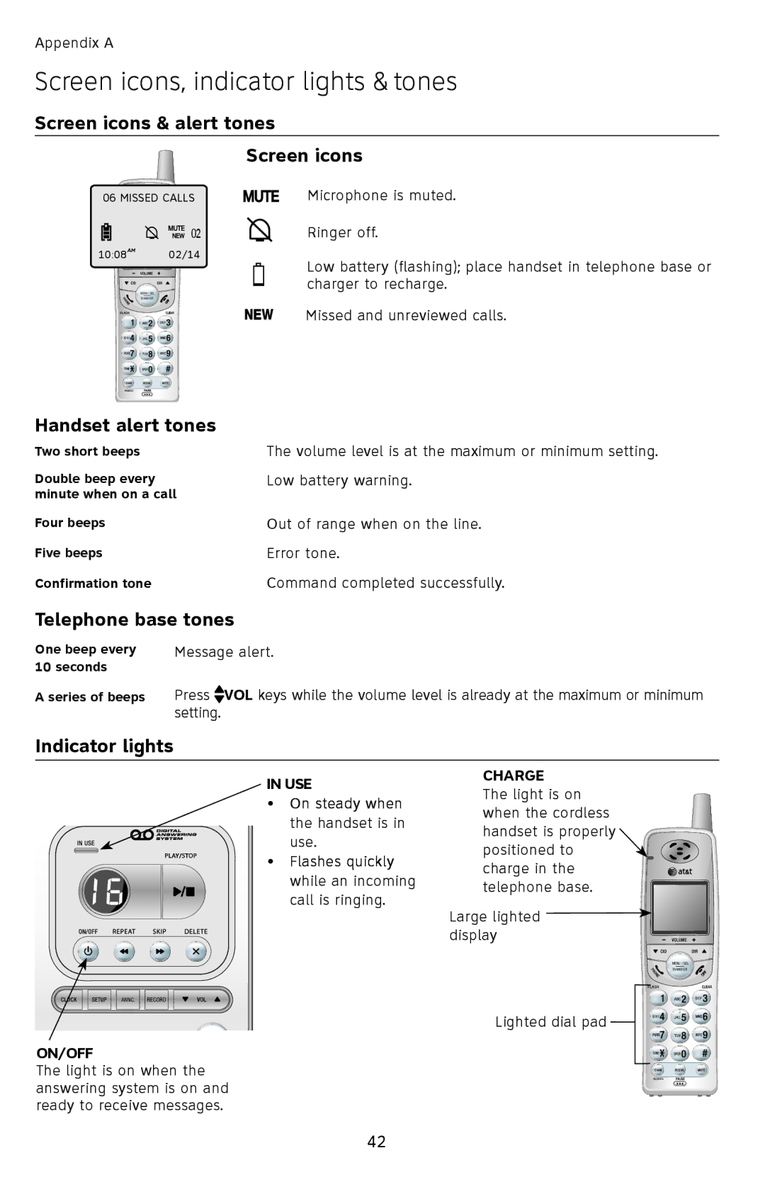 AT&T EL42308, EL42208, EL42258 user manual Screen icons, indicator lights & tones 